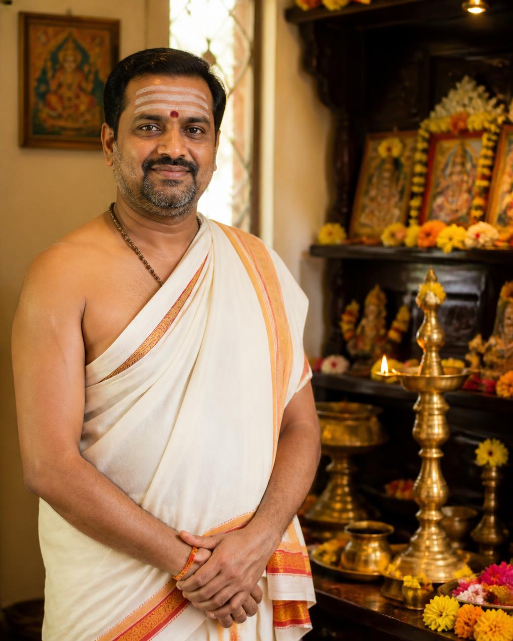 Purohit Surendharan Ravi (Surya) beside a decorated home puja altar